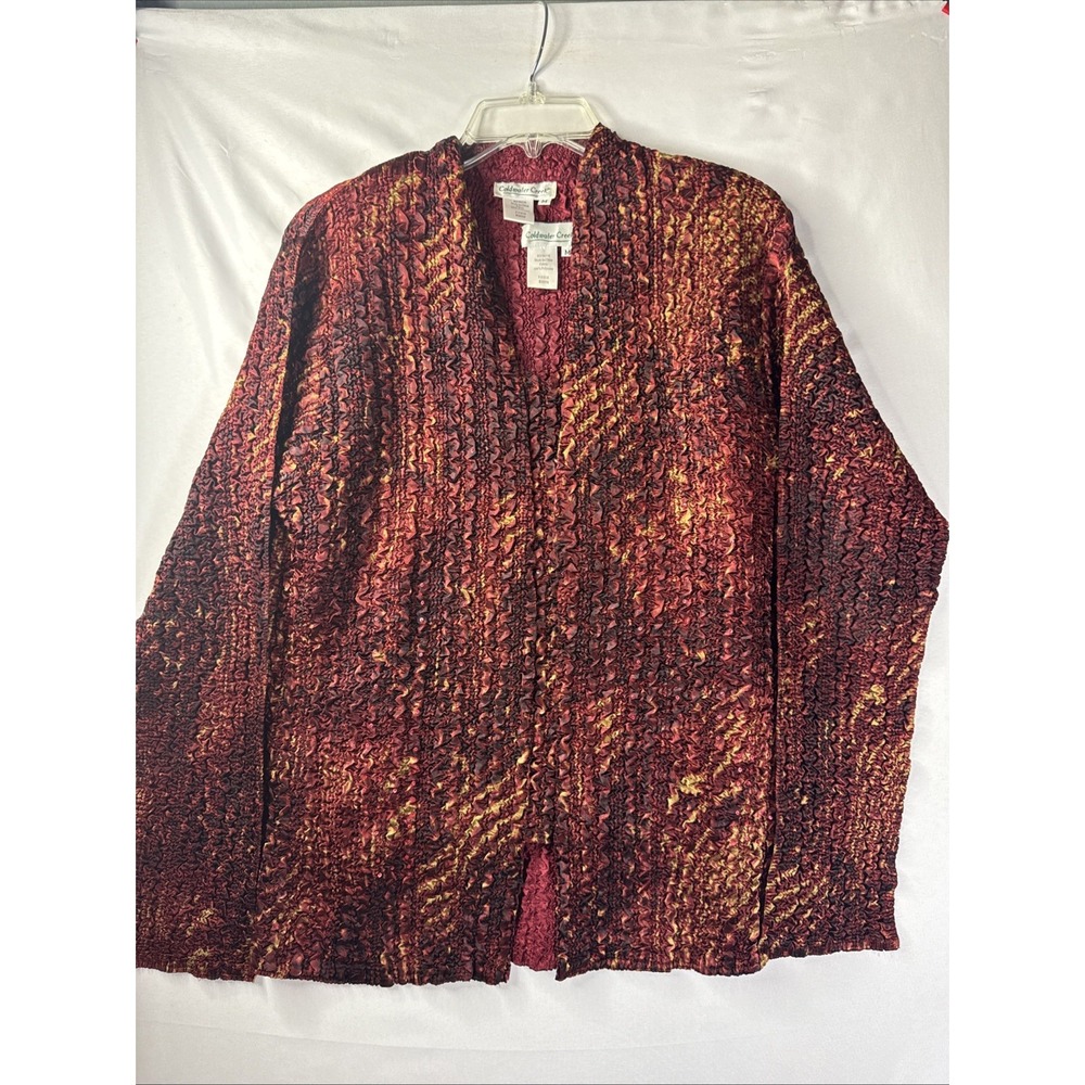 Coldwater Creek M 2-Piece Crinkle Jacket‎ Vest Set Red Textured Pleated Womens